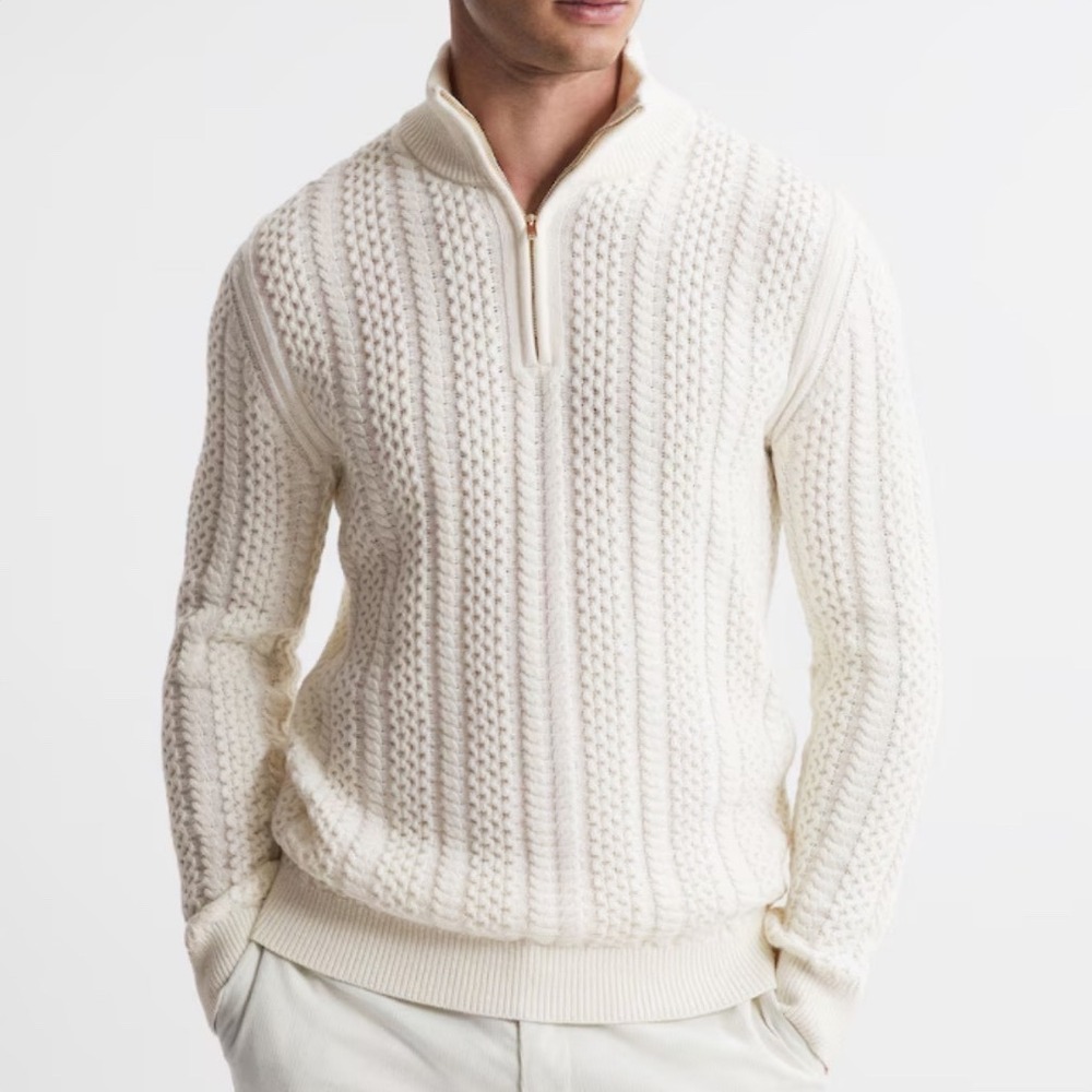 Reiss Bantham Men Med Off-White Cable Knit 1/4 Zip Sweater Wool Blend in Ecru